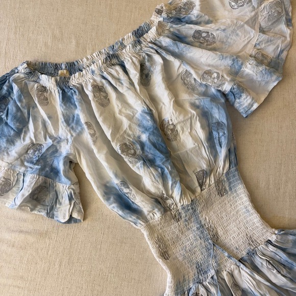 Surf Gypsy Blue White Tie Dye Skull Print Smocked Mini Dress Medium - Picture 6 of 10